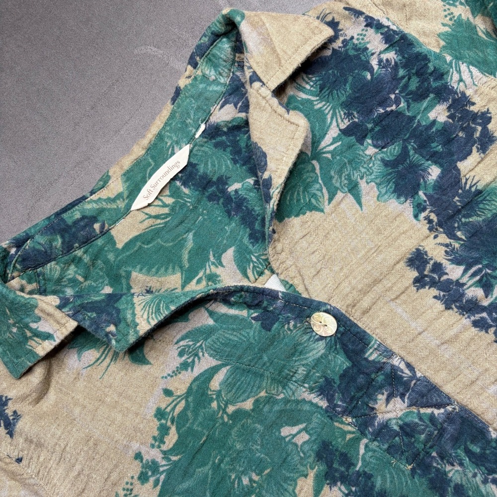 Soft Surroundings Button Tunic Womens L Green Floral Gauzy Cotton Pull Over Boho